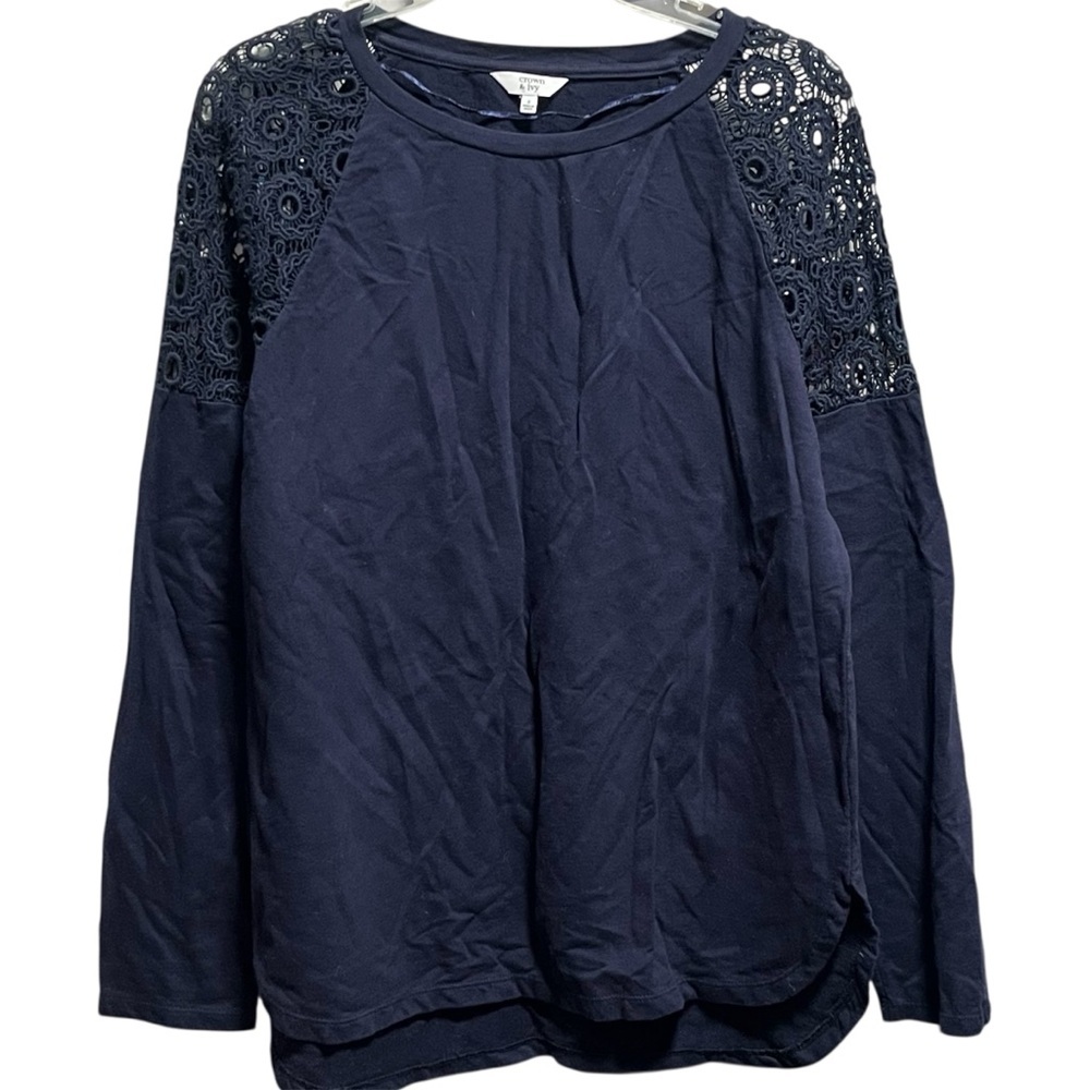 Crown & Ivy Navy blue Long Sleeve Top with Lace cutouts Detail